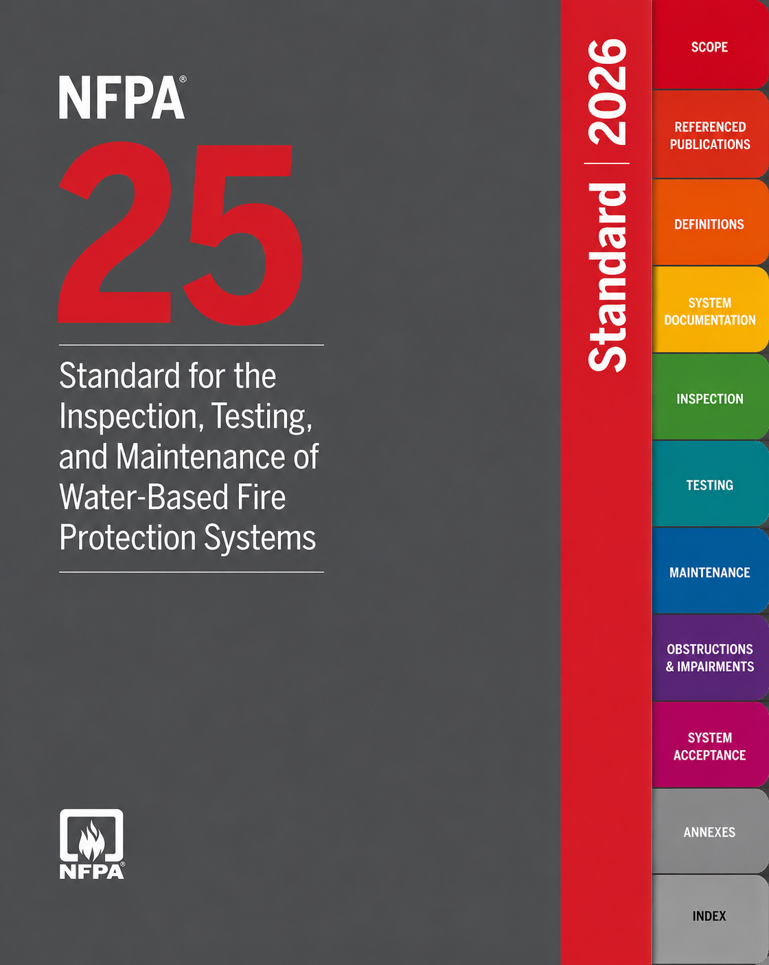 NFPA 25 2026 Edition Tabbed For You - Standard For The Inspection, Testing, and Maintenance of Water-Based Fire Protection Systems